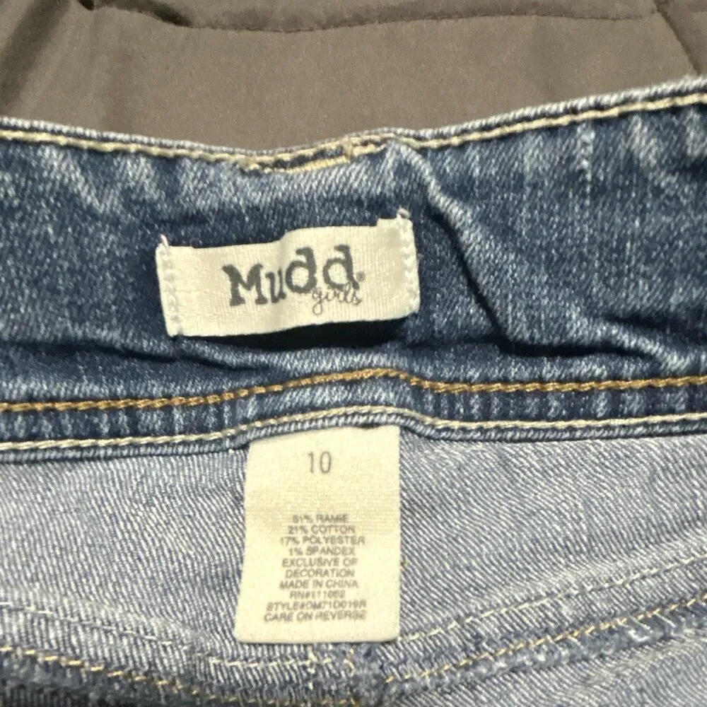 Mudd Girls Blue Denim Cut-Off Shorts: Size 10. Mid Rise Stretch Lace Pockets